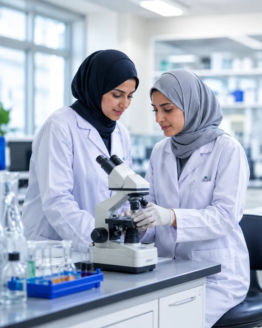 Two Arab female researchers working with a microscope in a laboratory
