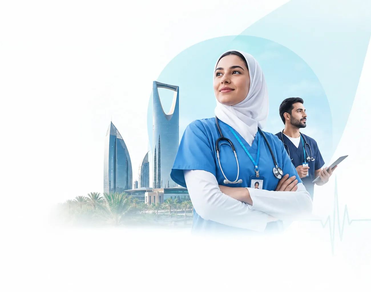 Saudi nurses standing confidently before the Riyadh skyline